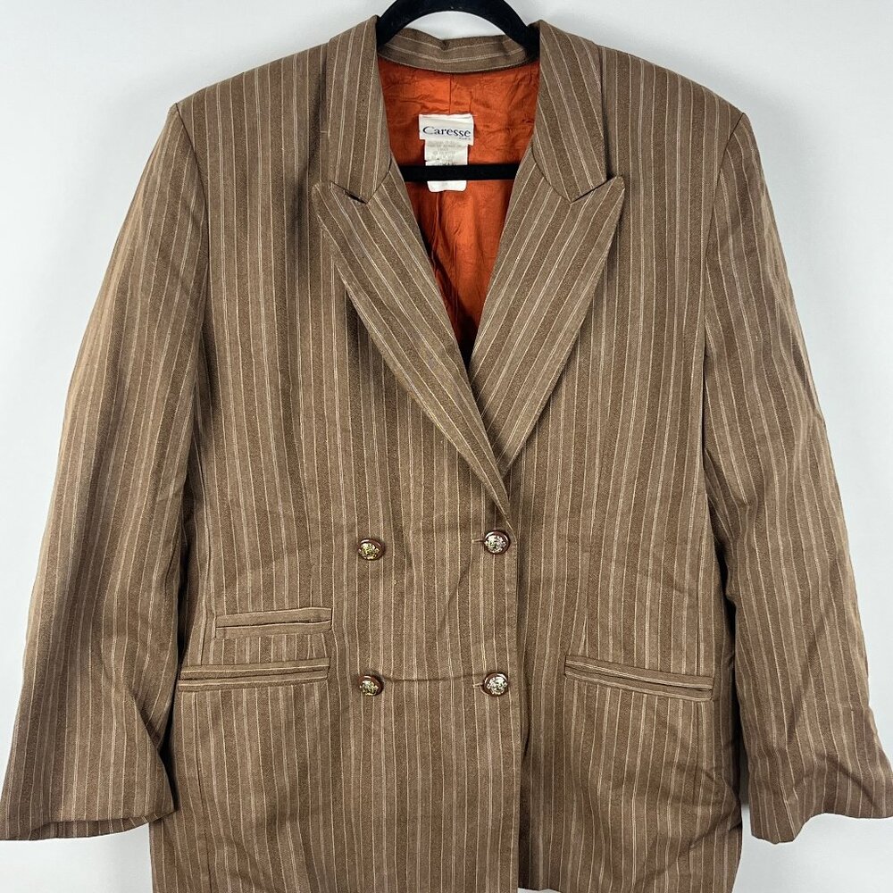 Caresse Paris Blazer Jacket Size 15/16 Brown Striped Double Breasted Long Sleeve